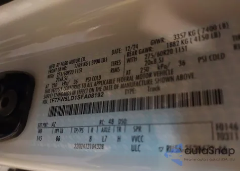 2025 Ford F-150 Lariat z USA, uszkodzony, nr VIN 1FTFW5LD1SFA08192